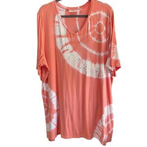 Quacker Factory size 2X Orange Tie Dyed Rhinestone Embellished V Neck Tee Shirt/